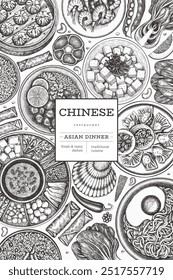 Chinese Cuisine Design Template. Vector Hand Drawn Asian Food Banner. Vintage Style Menu Illustration.