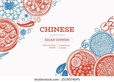 Chinese Cuisine Design Template. Vector Hand Drawn Asian Food Banner. Vintage Style Menu Illustration.