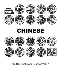 chinese cuisine dim sum dumplings icons set vector. wonton szechuan, peking hotpot, noodles tofu, stir fry cantonese, soy chinese cuisine dim sum dumplings black contour illustrations