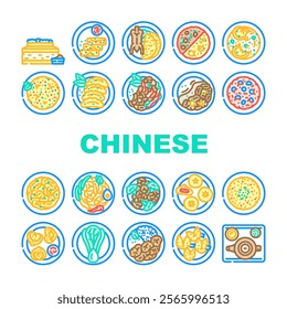 chinese cuisine dim sum dumplings icons set vector. wonton szechuan, peking hotpot, noodles tofu, stir fry cantonese, soy chinese cuisine dim sum dumplings color line illustrations