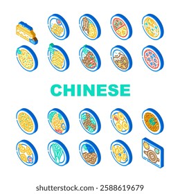 chinese cuisine dim sum dumplings icons set vector. wonton szechuan, peking hotpot, noodles tofu, stir fry cantonese, soy chinese cuisine dim sum dumplings isometric sign illustrations