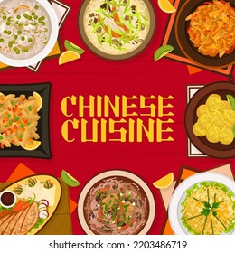 Chinese Cuisine Dishes Menu Cover Page. Mango Salad With Egg Noodles, Pork With Candied Fruits, Hot And Sour Soup, Sweet Rice Balls, Peking Duck And Soup Congee, Sweet And Sour Pork, Meat Anise Soup