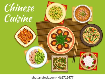 Chinese cuisine dishes with .noodles and peking duck salad, kung pao chicken with chili pepper, daikon salad and corn soup, beef lo mein noodles, squid and mushroom stew and golden coin beef steak