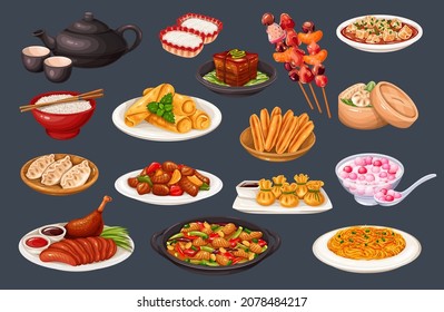Chinese cuisine. Dragons beard candy and tanghulu. Wok, peking duck, dumplings, wonton, fried noodles and rolls. Asian food Mapo tofu, rice. Vector icons set of Chinese food