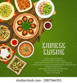 Chinese cuisine food Asian China dishes meals menu, vector traditional Peking duck, noodles and chicken. Chinese food and cuisine restaurant menu cover with authentic gourmet dinner and lunch dishes