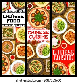 Chinese cuisine food banners, Asian restaurant menu, China traditional lunch or dinner meals. Chinese cuisine restaurant food Peking duck salad and noodles soup, beef meet and seafood squid with beans