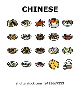 los íconos asiáticos del plato de comida de la cocina china son un vector. mesa de cena, restaurante de comidas, china, tazón lunar, pollo, arroz, cerdo, cocina tradicional china plato de comida asiática color-línea ilustraciones