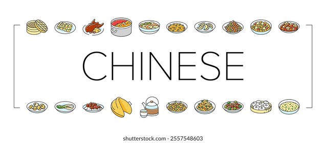 chinese cuisine food dish asian icons set vector. dinner table, meal restaurant, china, lunar bowl, chicken, rice, pork, traditional chinese cuisine food dish asian color line illustrations