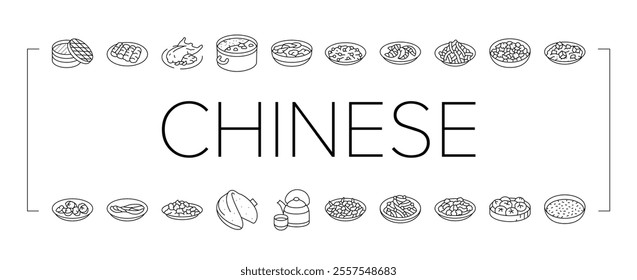 chinese cuisine food dish asian icons set vector. dinner table, meal restaurant, china, lunar bowl, chicken, rice, pork, traditional chinese cuisine food dish asian black contour illustrations