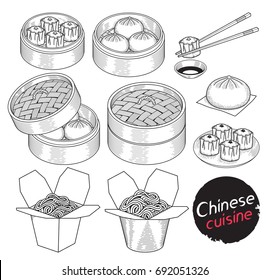 Chinese cuisine food doodle elements hand drawn style. Vector Illustrations.