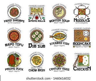 Chinese cuisine food isolated logos. Vector fried shrimps with cashew, spring rolls and wonton soup, noodles and mapo tofu, dim sum and steamed fish, mooncake and peking duck, chow mein and chicken svg