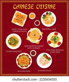 Menú de cocina china, restaurante asiático chino, platos y comidas, cubierta vectorial. Cocina china y cocina tradicional de Sichuan, fideos de ramen con gambas de marisco, rollitos de pollo y cordero