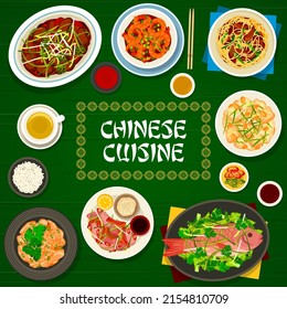 Chinese cuisine food of vector Asian restaurant menu cover. Rice, vegetable, seafood and meat dishes, chow mein noodles with cashew and ginger chicken, chilli prawn, spicy duck, fish and beef