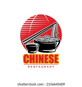 Chinese cuisine icon with noodles, red lantern and sticks. Asian China restaurant vector symbol. Chinese food menu icon with lamian, mein soba or ramen and udon noodles in bowl with chopsticks