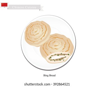 Chinese Cuisine, Illustration of Bing or Chinese Crispy Flat Bread Filled with Scallion or Ground Meat. One of Most Popular Dumplings in China.