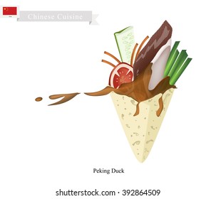 Chinese Cuisine, Illustration of Peking Roast Duck Skin Serve with Pancakes Rolled Sheet. One of Most Popular Dish in China.