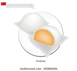 Chinese Cuisine, Illustration of Chinese Steamed Bun Stuffed With Custard Cream. One of Most Popular Dumplings in China.