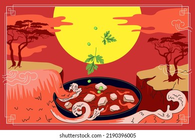 Chinese cuisine mapo tofu banner concept. China national soy bean curd soup dish cover waterfall wave in sunset gorge background. Asian food vector poster for oriental cafe or restaurant advertising