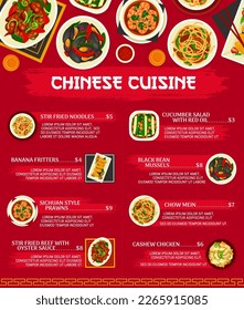 Chinese cuisine meals menu, Asian food dishes and traditional plates, vector. Chinese cuisine restaurant food menu Chow Mein noodles, Sichuan prawns and banana fritters, cucumber salad with red oil