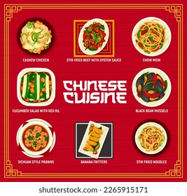 Chinese cuisine meals menu, China food restaurant with Asian dishes plates, vector. Chinese cuisine food traditional Sichuan seafood prawns, black bean mussels and cashew chicken with fried noodles