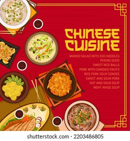 Chinese Cuisine Meals Menu Cover Template. Sweet And Sour Pork, Hot And Sour Soup And Sweet Rice Balls, Pork With Candied Fruits, Peking Duck And Soup Congee, Mango Salad With Noodles, Meat Anise Soup