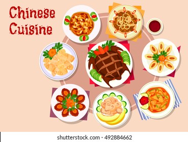 Chinese cuisine meat dishes icon with peking duck, fried wonton, egg roll stuffed pork, sweet and sour pork, ginger chicken, beef coin patty, fried liver, chicken in melon