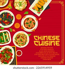 Chinese cuisine menu cover, Asian food dishes and meals, vector. Chinese cuisine food stir fried noodles, black bean mussels and banana fritters, cucumber salad with red oil and cashew chicken