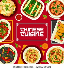 Chinese cuisine menu cover, Asian food dishes and meals, vector. Chinese cuisine restaurant food, cashew chicken and Sichuan prawns, cucumber salad with red oil, banana fritters and black bean mussels