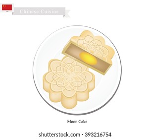 Chinese Cuisine, Moon Cake or Chinese Round Pastry Filled with Red Bean or Lotus Seed Paste for Chinese Mid-Autumn Festival. One of Most Popular Dessert in China.
