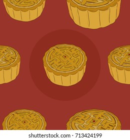 Chinese Cuisine, Moon Cake or Chinese Round Pastry Filled with Red Bean or Lotus Seed Paste for Chinese Mid-Autumn Festival. One of Most Popular Dessert in China.seamless pattern vector.