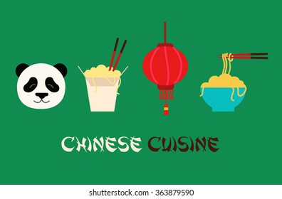 chinese cuisine noodle bar sign logo with chinese noodle with chopsticks panda and lantern illustration icon symbol in flat design with turquoise green background