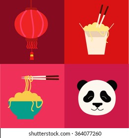 chinese cuisine noodle bar sign logo symbol icon set collection with chinese noodle with chopsticks panda and lantern illustrations in flat design with rose pink red and claret square background