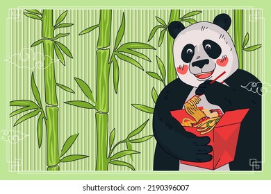Chinese cuisine noodle box banner concept. China panda eating with chopsticks national meal wok in red cardboard package in bamboo thickets. Asian food poster. Oriental cafe or restaurant