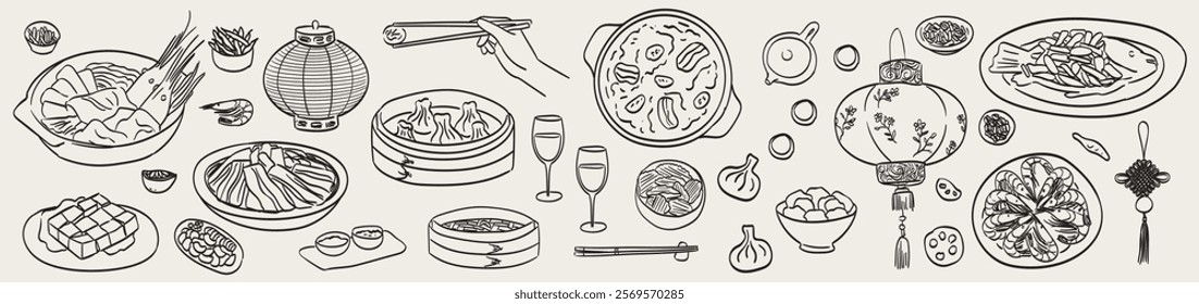 Chinese cuisine outline drawings. Asian dinner restaurant food doodle sketch vector illustration. Tofu, rice, baozi hotpot and soup. Dumplings, wonton, fried noodles and other traditional meal.