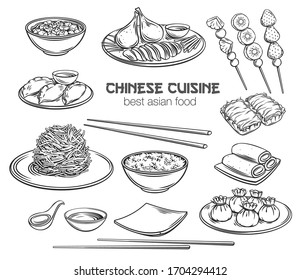 Chinese cuisine outline icon set. Asian food engraved vector illustration. Peking duck, dumplings, wonton, fried noodles and rolls. Mapo tofu, rice, Dragons beard candy and tanghulu.