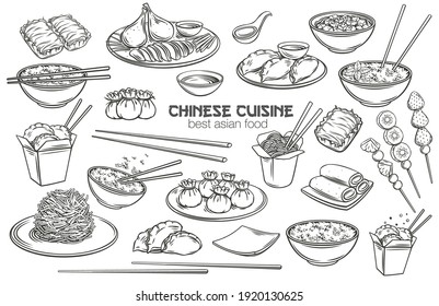 Chinese cuisine outline icon set  Asian food engraved monochrome vector illustration  Mapo tofu  rice  Dragons beard candy   tanghulu  Wok  peking duck  dumplings  wonton  fried noodles   rolls 
