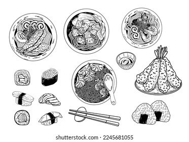 Chinese cuisine outline icon set. Asian food engraved monochrome vector illustration.