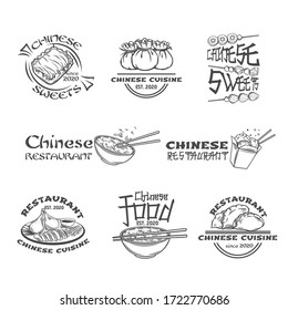 Chinese cuisine outline labels set. Asian food engraved badges vector illustration. Peking duck, dumplings, wonton, rice, Dragon's beard candy and tanghulu icons.