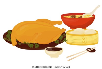 Cocina china. Pato picante, fideos, albóndigas, salsa de soja, palillos chinos. comida asiática. Ilustración de material vectorial. aislado en un fondo blanco.