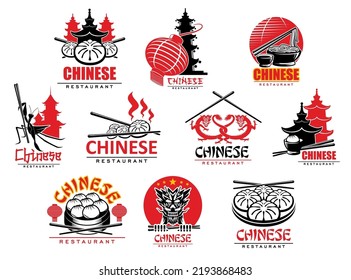 Chinese cuisine restaurant icons with noodles, dumplings and chopsticks. Vector ssian food signs. Chinese restaurant menu symbols with dragon, mantis and pagodas with red lanterns and China flag