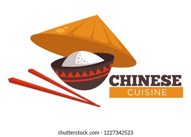 Chinese cuisine rice and chopsticks  with traditional hat vector. Bowl with meal in China, Asian eating culture, oriental dish menu, cooked basmati in plate. Headwear and healthy dish food served