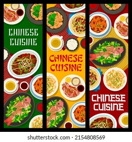 Chinese cuisine rice, seafood, vegetable and meat food vector banners. Chow mein noodles, chilli shrimp, ginger and cashew chicken, green tea, spicy beef, perch fish and duck with oyster and soy sauce