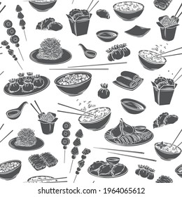 Chinese cuisine seamless pattern vector monochrome background. Asian food engraved Mapo tofu, rice, Dragons beard candy and tanghulu. Wok, peking duck, dumplings, wonton, fried noodles and rolls.