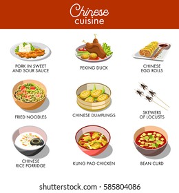 Chinese cuisine traditional dishes vector flat icons set