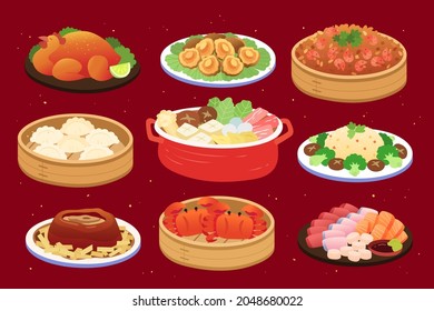 Chinese cuisines feast set. The feast with a variety of dishes of meat suitable for menus of reunion dinner, wedding, Spring party or Year-end party