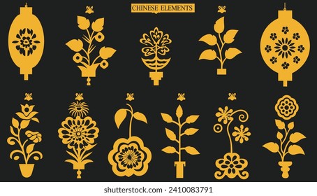 Chinese Cultural Elements: Festive Lanterns, Floral Ornamentation, Traditional Oriental Vector Set for Holiday Illustrations	