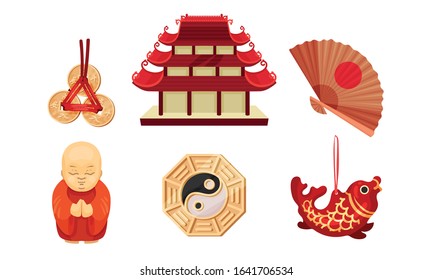 Chinese Culture Attributes and Symbols with Buddha Figure and Multistoried Structure as Buddhist Temple Vector Set