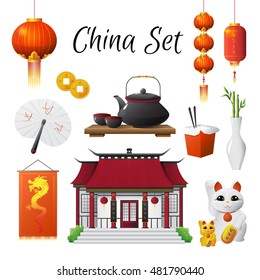 Chinese culture classic national symbols set with red lantern steamed rice and maneki neco isolated vector illustration 