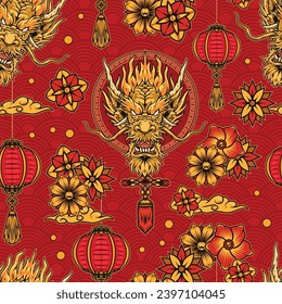 Chinese culture colorful seamless pattern with dragon heads and traditional hanging lanterns near flowers that bring success vector illustration