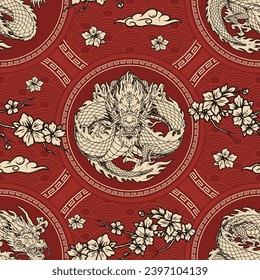 Chinese culture colorful seamless pattern with river dragons from lunar astrological calendar symbolizing success and prosperity vector illustration
